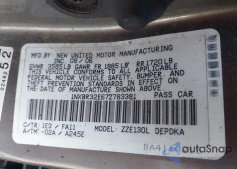 2007 Toyota Corolla Ce z USA, uszkodzony, nr VIN 1NXBR32E67Z783381